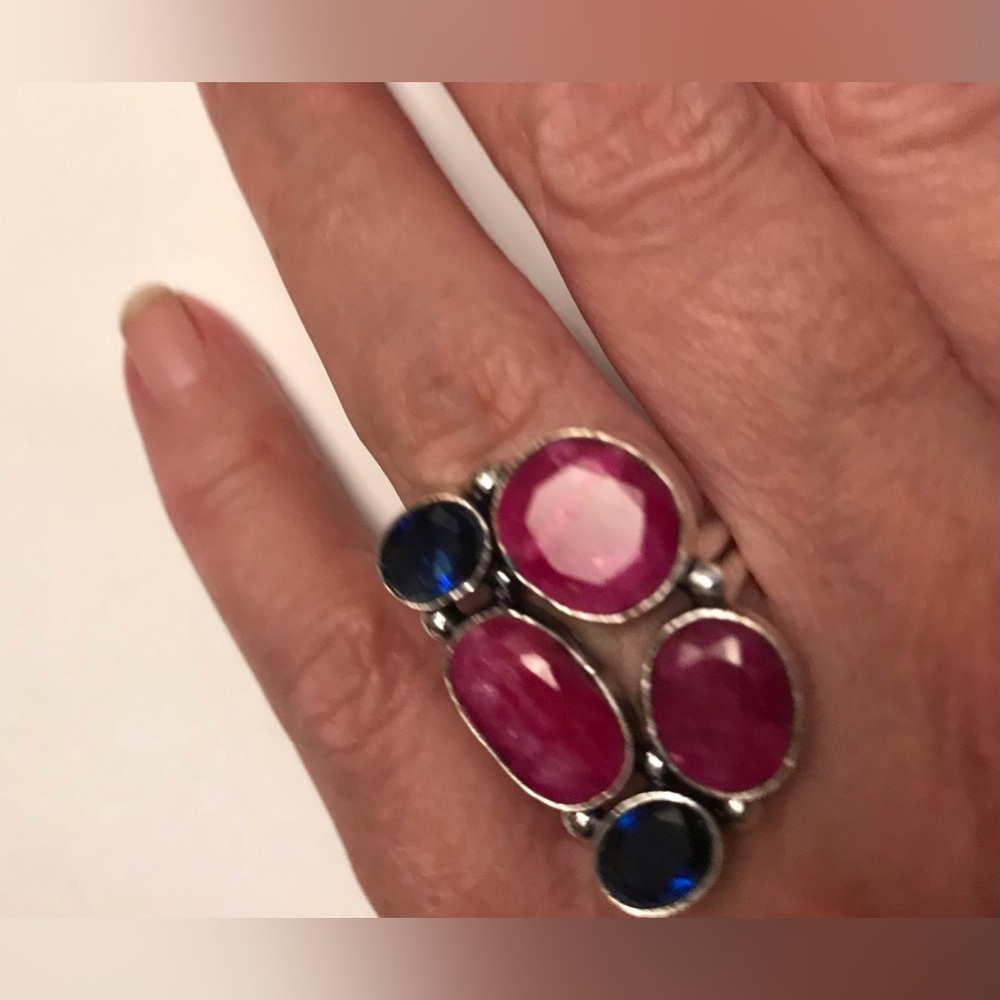 Ruby Blue Sapphire Stamped 925 Sterling Silver Ring